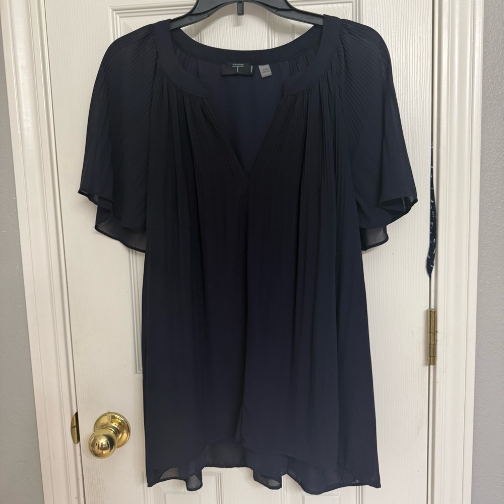 Tahari Navy Pleated Blouse